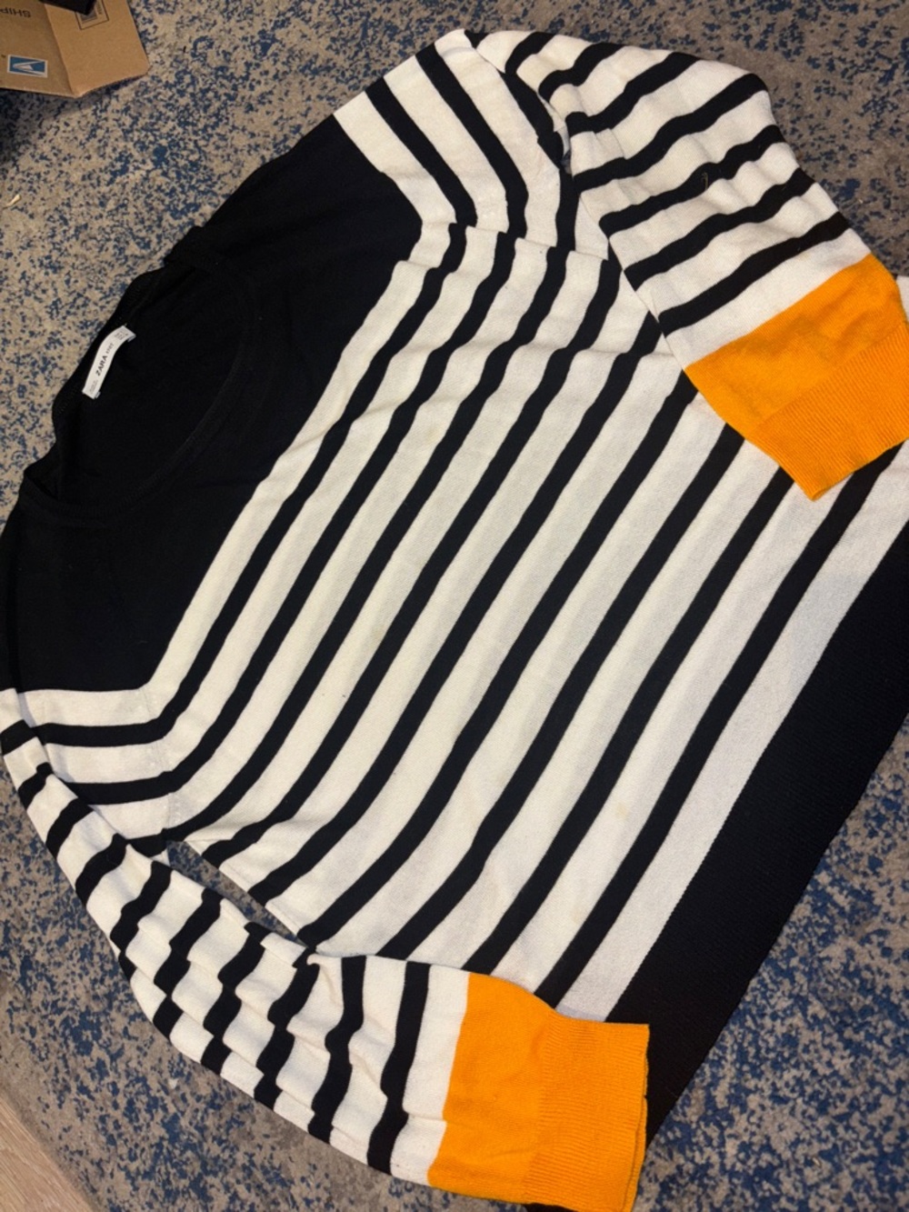 Zara Black and White Striped Sweater with Orange Cuffs